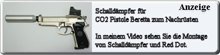 Für die CO2 Pistole Beretta gibt es nun auch einen Schalldämpfer zu Nachrüsten. In meinem Video zeige ich die Komplettierung mit Red Dot und mit dem Schalldämpfer. In Deutschland sind Schalldämpfer für Luftgewehre und CO2 Waffen frei zu erwerben, wenn auch die Waffe frei ab 18 Jahren zu bekommen ist.